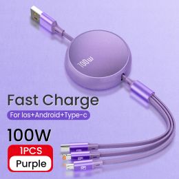 6A 100W 3in1 2in1 Fast USB Cable for Huawei/Honor Retractable Portable 3 in 1 Micro USB Type C Charger Cable For iPhone Samsung (Color: Purple)