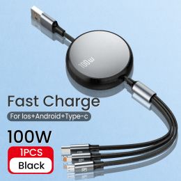 6A 100W 3in1 2in1 Fast USB Cable for Huawei/Honor Retractable Portable 3 in 1 Micro USB Type C Charger Cable For iPhone Samsung (Color: BLACK)