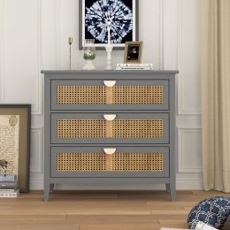 3 Drawer Cabinet,Natural rattan,American Furniture,Suitable for bedroom, living room, study (Color: gray)