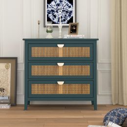 3 Drawer Cabinet,Natural rattan,American Furniture,Suitable for bedroom, living room, study (Color: Green)