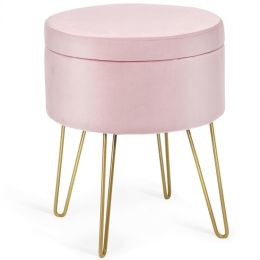 Round Velvet Storage Ottoman Footrest Stool Vanity Chair with Metal Legs (Color: pink)