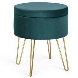 Round Velvet Storage Ottoman Footrest Stool Vanity Chair with Metal Legs (Color: Dark green)