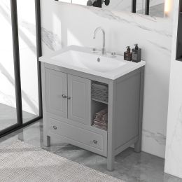 Bathroom Vanity with Sink;  Bathroom Storage Cabinet with Doors and Drawers;  Solid Wood Frame;  Ceramic Sink (Color: Grey)