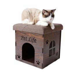 Pet Life Foldaway Collapsible Designer Cat House Furniture Bench (Color: Dark Wood)