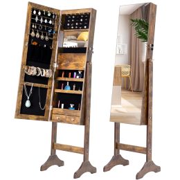 Jewelry Cabinet with Full-Length Mirror, Standing Lockable Jewelry Armoire Mirror Organizer (Color: AGY)