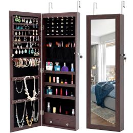 LEDs Mirror Jewelry Cabinet (Color: BROWN)