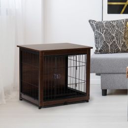 Indoor Dog Crate, Sofa Side End Table, 2-Tier Wooden Pet Cage with Removable Tray, Walnut (size: small)