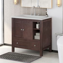 Bathroom Vanity with Sink;  Bathroom Storage Cabinet with Doors and Drawers;  Solid Wood Frame;  Ceramic Sink (Color: BROWN)