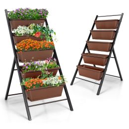 5-tier Vertical Garden Planter Box Elevated Raised Bed with 5 Container (Color: BROWN)