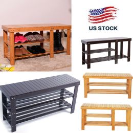 90cm 3Tier Bamboo Stool Shoe Rack Storage Seat Organizer Shelf Entryway Bench (Color: wood color)