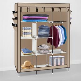 69" Wardrobe Portable Closet Storage Organizer Clothes Non-woven Fabric Wardrobe (Color: Beige)