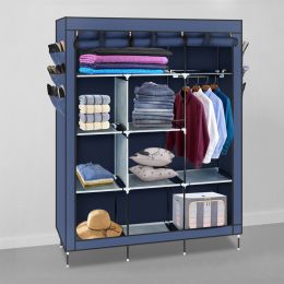 69" Wardrobe Portable Closet Storage Organizer Clothes Non-woven Fabric Wardrobe (Color: Blue)