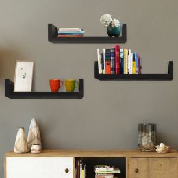 Set of 3 Floating Display Shelves Ledge Bookshelf Wall Mount Storage Home DÃ©cor (Color: BLACK)