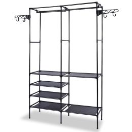 Metal Garment Rack Shoe Clothing Organizer Shelves Freestanding Multifunctional Clothes Wardrobe (Color: BLACK)