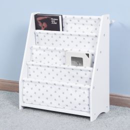 Wooden Children Sling Book Rack White Bookshelf for Kids with Star Pattern Cloth Bag (Color: White)