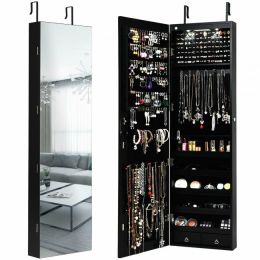 JewelryWall and Door Mounted Mirrored Jewelry Cabinet with Lights (Color: BLACK)