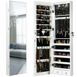 JewelryWall and Door Mounted Mirrored Jewelry Cabinet with Lights (Color: White)