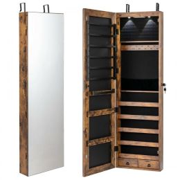 JewelryWall and Door Mounted Mirrored Jewelry Cabinet with Lights (Color: Rustic Brown)