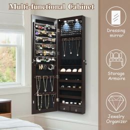 JewelryWall and Door Mounted Mirrored Jewelry Cabinet with Lights (Color: BROWN)