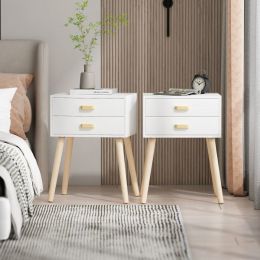 Set of 2 Double Drawer Wooden Handle Bedside Table XH (Color: white 2 pcs)