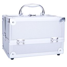 Aluminum Makeup Train Case Jewelry Box Cosmetic Organizer with Mirror 9"x6"x6" RT (Color: silver)