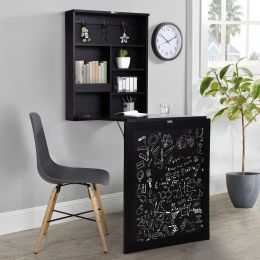 Floating Wall Mounted Table, Foldable Desk with Storage Shelves and Blackboard (Color: BLACK)