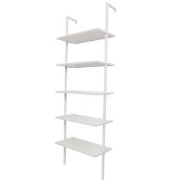 5-Shelf Wood Ladder Bookcase with Metal Frame Industrial 5-Tier Modern Ladder Shelf (Color: White)