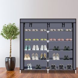 7 Tiers Portable Shoe Rack Closet Fabric Cover Shoe Storage Organizer Cabinet (Color: gray)