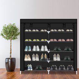 7 Tiers Portable Shoe Rack Closet Fabric Cover Shoe Storage Organizer Cabinet (Color: BLACK)