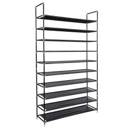 Simple Assembly 10 Tiers Non-woven Fabric Shoe Rack with Handle RT (Color: BLACK)