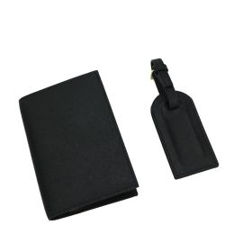 Portable Simple Cross-grain Genuine Cowhide Travel Ticket ID Passport Bag (Option: Black-Set)